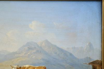 German School Alpine Landscape with Hiker and Livestock 19th Century