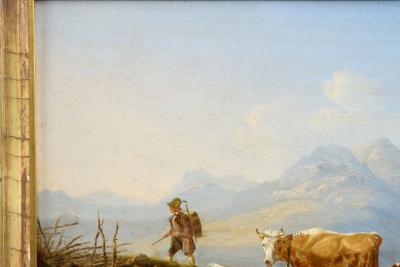 German School Alpine Landscape with Hiker and Livestock 19th Century