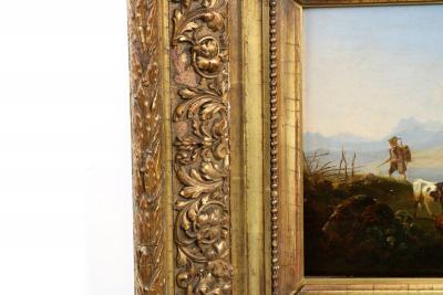 German School Alpine Landscape with Hiker and Livestock 19th Century