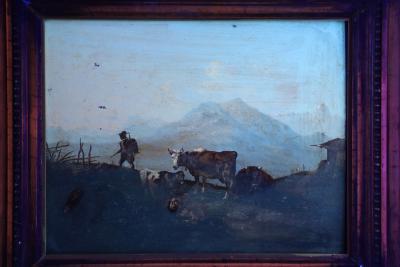 German School Alpine Landscape with Hiker and Livestock 19th Century