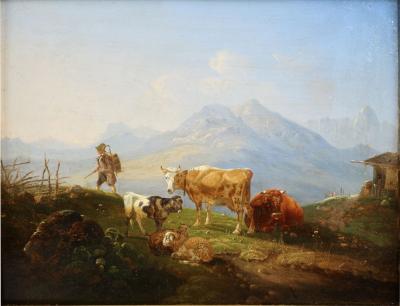 German School Alpine Landscape with Hiker and Livestock 19th Century