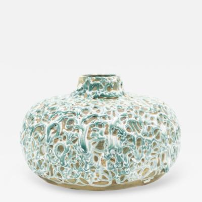 German Short Green and Tan Drizzle Ceramic Vase