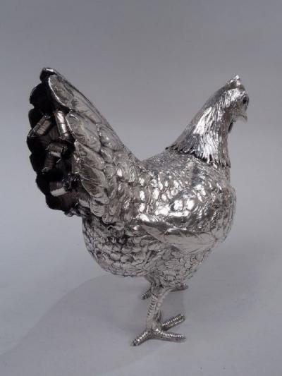 German Silver Barnyard Hen Spice Box with Funny Flouncy Tail