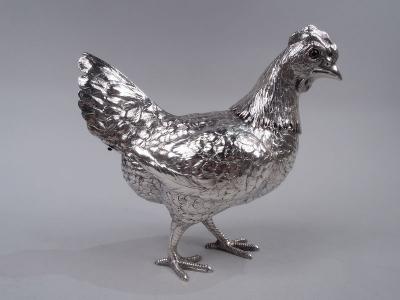 German Silver Barnyard Hen Spice Box with Funny Flouncy Tail
