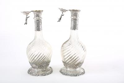 German Silver Mounted Cut Glass Pair Claret Jugs