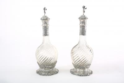 German Silver Mounted Cut Glass Pair Claret Jugs