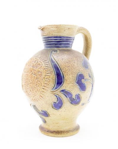 German Stoneware Pitcher with Incised Blue Decorations
