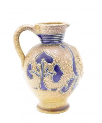 German Stoneware Pitcher with Incised Blue Decorations