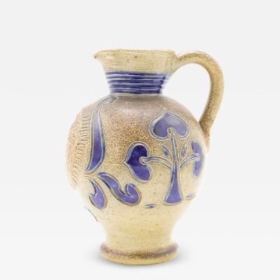 German Stoneware Pitcher with Incised Blue Decorations