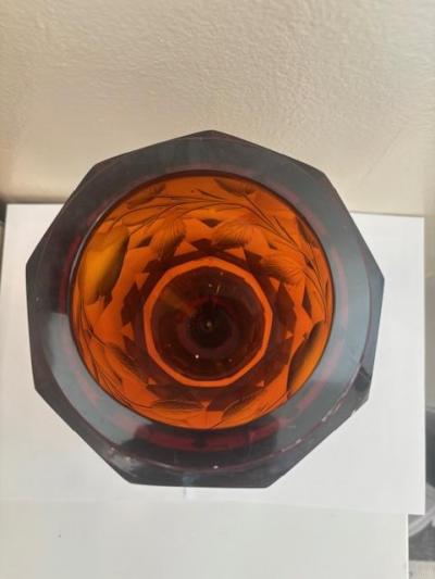 German Style Amber Cut Glass Urn With Finial Cover