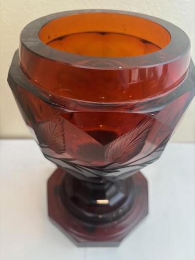 German Style Amber Cut Glass Urn With Finial Cover