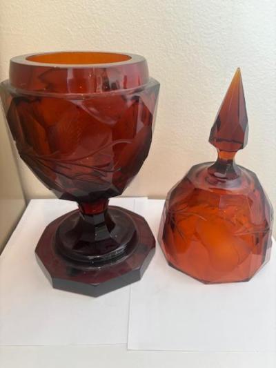 German Style Amber Cut Glass Urn With Finial Cover