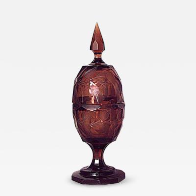 German Style Amber Cut Glass Urn With Finial Cover