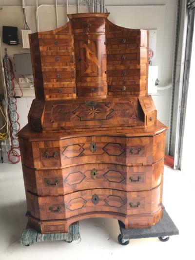 German baroque walnut and parquetry secretary
