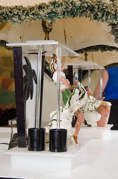 Gerry Moss Amazing Pair of Rare Moss Lamps with Ceramic Figures of Conga Player and Dancer