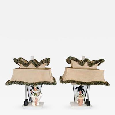 Gerry Moss Amazing Pair of Rare Moss Lamps with Ceramic Figures of Conga Player and Dancer