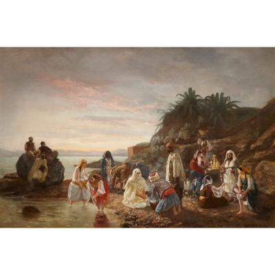 Geskel Saloman Large Orientalist painting by G Saloman depicting figures at the shore