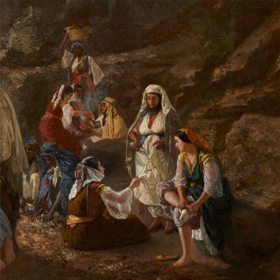 Geskel Saloman Large Orientalist painting by G Saloman depicting figures at the shore