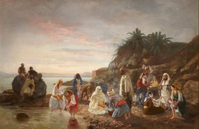 Geskel Saloman Large Orientalist painting by G Saloman depicting figures at the shore