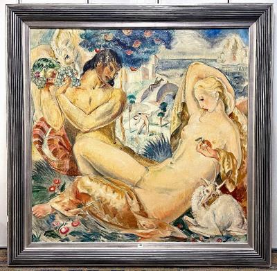 Gheorghe Labin Satyr and Nymph Nudes in Paradise Art Deco Painting