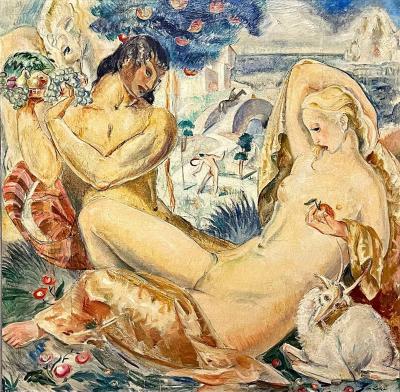 Gheorghe Labin Satyr and Nymph Nudes in Paradise Art Deco Painting