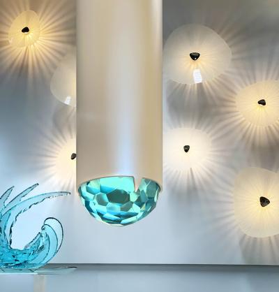 Ghir Studio Contemporary White Brass Pendant with Handmade Crystal Gem By Ghir Studio