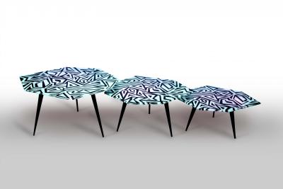 Ghir Studio Graffito Set of Three Coffee Tables Black and White by Ghir Studio