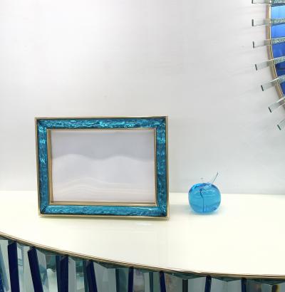Ghir Studio Hand Sculpted Blue Glass Picture Frame with Polished Brass by Ghir Studio