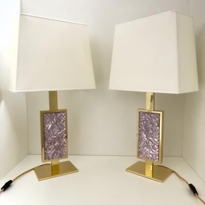 Ghir Studio Set of Two Table Lamps Hand engraved pink Glass and Brass by Ghir Studio