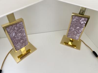 Ghir Studio Set of Two Table Lamps Hand engraved pink Glass and Brass by Ghir Studio