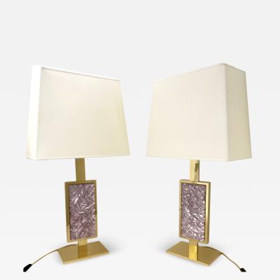 Set of Two Table Lamps -  Hand-engraved pink  Glass and  Brass by Ghiró Studio