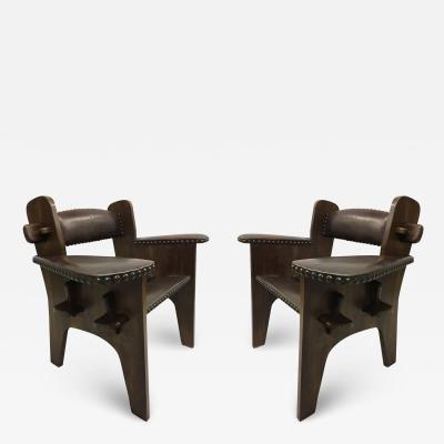 Giacomo Balla Pair of Italian Futurist Wood Leather Lounge Chairs Giacomo Balla Attributed