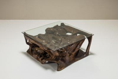 Gian Paulo Zaltron Sculptural Coffee Table in Wood and Glass by Gian Paulo Zaltron Italy 1973