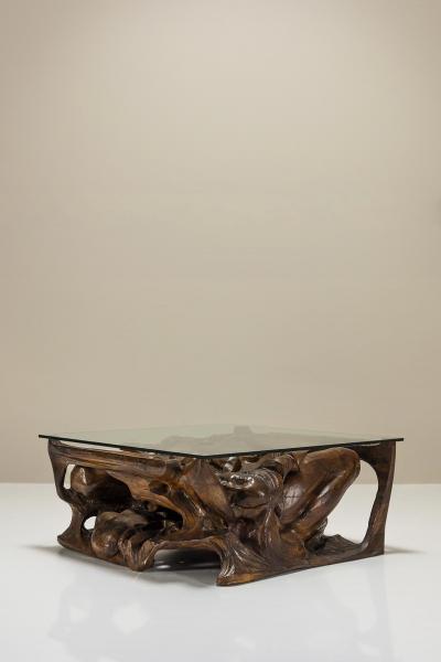 Gian Paulo Zaltron Sculptural Coffee Table in Wood and Glass by Gian Paulo Zaltron Italy 1973