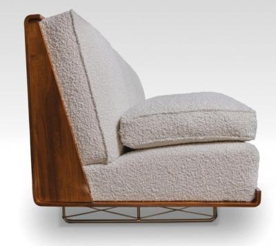 Giancarlo Pozzo Vintage Italian Walnut and Ivory Boucle Mid Century Sofa by Giancarlo Pozzo