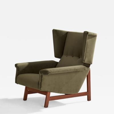 Gianfranco Frattini Attribution Lounge Chair with Teak and Velvet Italy 1960s