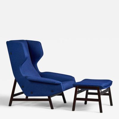 Gianfranco Frattini Lounge Chair Ottoman with Fabric and Wood Italy 1950s