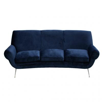 Gigi Radice Gigi Radice Mid Century Modern Midnight Blue Cotton Velvet Curved Italian Sofa