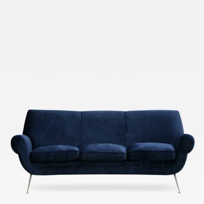 Gigi Radice Gigi Radice Mid Century Modern Midnight Blue Cotton Velvet Curved Italian Sofa