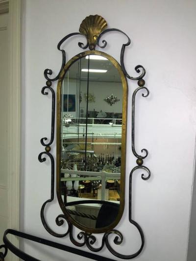 Gilbert Poillerat Black and Gold Iron Mirror and Wall Console in the Manner of Gilbert Poillerat