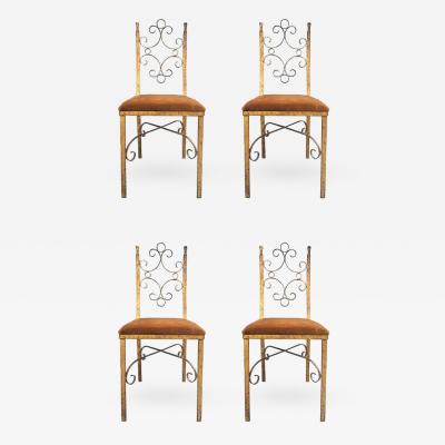 Gilbert Poillerat Four French Wrought Iron Gold Gilt Chairs Manner of Gilbert Poillerat