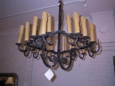 Gilbert Poillerat French Mid Century Modern Brutalist Hand Wrought Iron Chandelier with 28 Lights