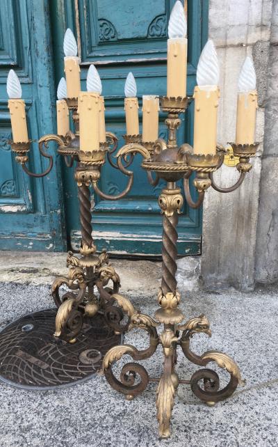 Gilbert Poillerat Gilbert Poillerat rare spectacular pair of tall wrought iron candle stick