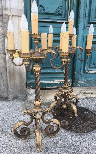 Gilbert Poillerat Gilbert Poillerat rare spectacular pair of tall wrought iron candle stick