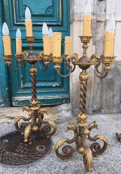 Gilbert Poillerat Gilbert Poillerat rare spectacular pair of tall wrought iron candle stick
