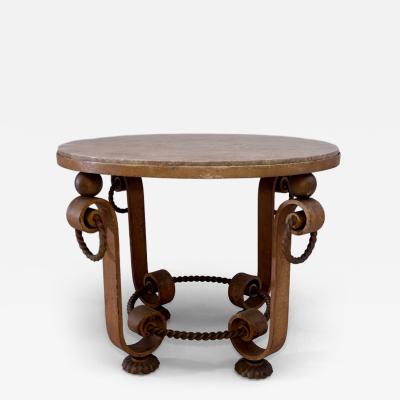 Gilbert Poillerat Heavy wrought iron side table ith marble inset