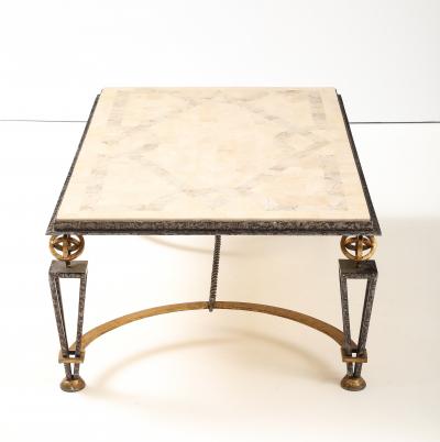 Gilbert Poillerat Inlaid Travertine Coffee Table in the style of Gilbert Poillerat France 1980
