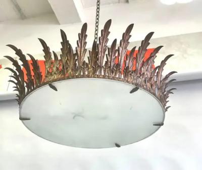 Gilbert Poillerat Large French Mid Century Gilt Iron Crown Sunburst Pendant or Flush Mount