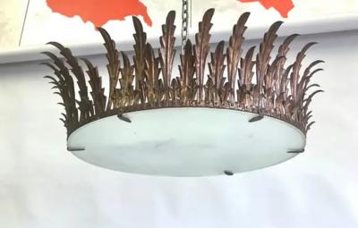 Gilbert Poillerat Large French Mid Century Gilt Iron Crown Sunburst Pendant or Flush Mount