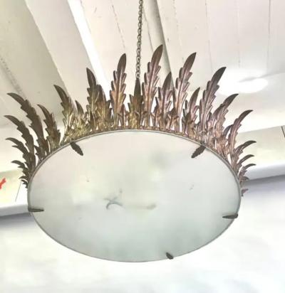 Gilbert Poillerat Large French Mid Century Gilt Iron Crown Sunburst Pendant or Flush Mount